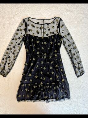 BB Dakota Black Mesh Mini Dress with Gold Star Embroidery